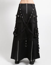 Load image into Gallery viewer, Black gothic-style skirt with multiple pockets and straps on a white background