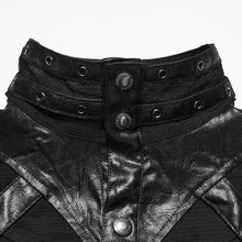 Load image into Gallery viewer, Close-up of a black shirt with button details on a white background