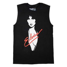 Load image into Gallery viewer, A black sleeveless muscle tank top featuring a white graphic of a woman's face and upper body with a red script 'Elvira' logo across the front, shown on a plain white background.