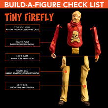 Load image into Gallery viewer, Build-a-figure check list for 'Tiny Firefly' with labeled parts on a black background