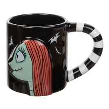 Load image into Gallery viewer, Black mugs (set of 2). One mug has Jack Skellington from a side profile and one mug has Sally from a side profile. Handles are black and white striped. Back of mugs have tombstones that read "Nightmare Before Christmas" with Zero underneath.