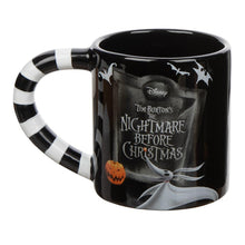 Load image into Gallery viewer, Black mugs (set of 2). One mug has Jack Skellington from a side profile and one mug has Sally from a side profile. Handles are black and white striped. Back of mugs have tombstones that read "Nightmare Before Christmas" with Zero underneath.