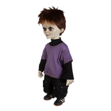 Load image into Gallery viewer, Doll is clothed with black jeans, long sleeve black shirt with short sleeve purple shirt layered over top and black shoes with white side stripes.