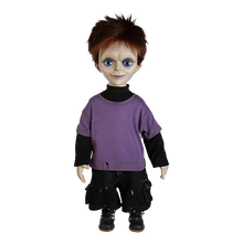 Load image into Gallery viewer, Doll is clothed with black jeans, long sleeve black shirt with short sleeve purple shirt layered over top and black shoes with white side stripes.