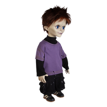 Load image into Gallery viewer, Doll is clothed with black jeans, long sleeve black shirt with short sleeve purple shirt layered over top and black shoes with white side stripes.