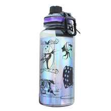 Load image into Gallery viewer, back of Nightmare Before Christmas Jack smirk face plastic travel bottle with twist lid. Bottle is holographic, and also features pictures of several Nightmare Before Christmas characters. Constructed from unbreakable high-quality BPA-free Eastman Twist plastic.