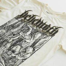 Load image into Gallery viewer, front view of Natural white Behemoth shirt with logo on the top, Jesus on the cross artwork on the front center