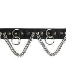 Load image into Gallery viewer, black bondage belt with silver hanging o rings and silver hanging chain