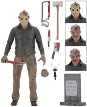 Load image into Gallery viewer, Based on Jason Voorhees from the 1984 film Friday the 13th: The Final Chapter. Figure comes with 2 masks, 2 interchangeable head sculpts, knife, corkscrew, tombstone, hacksaw, cleaver, machete and axe. Machete can slide into Jason's head.  Action figure is in a window friendly box perfect for collectors.
