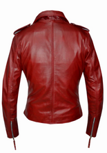 Load image into Gallery viewer, back of Real red leather motorcycle style jacket with snap down label, motorcycle style collar. Epaulets and asymmetrical zipper. Adjustable attached belt.