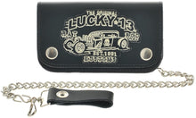 Load image into Gallery viewer, front of Black leather wallet with chain, leather clasp, and a fully embroidered patch of Lucky 13's "Rat Rod" design.