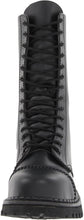 Load image into Gallery viewer, front view of Real black leather, 1 1/4" platform, 14 eyelet mid-calf combat with steel toe. Full lace-up, no zipper.