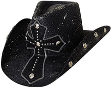 Load image into Gallery viewer, Black bangora straw cowboy hat with silver studs along underside of brim on both sides, and a black leather studded cross design on the front center