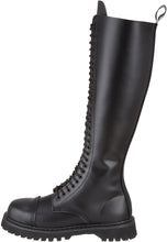 Load image into Gallery viewer, outer side view of Real black leather 1 1/4" platform  20 eyelet combat biker goth steel toe Knee-high boot Full lace-up, no Zipper
