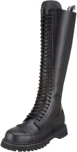 Load image into Gallery viewer, outer side view of Real black leather 1 1/4" platform  20 eyelet combat biker goth steel toe Knee-high boot Full lace-up, no Zipper