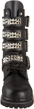 Load image into Gallery viewer, front side view of real black leather mid-calf boot, full front lace-up, no zipper, features 4 silver pyramid studded adjustable straps that cover laces