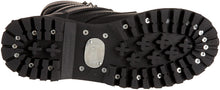 Load image into Gallery viewer, underneath bottom of shoe view of real black leather mid-calf boot, full front lace-up, no zipper, features 4 silver pyramid studded adjustable straps that cover laces