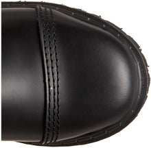 Load image into Gallery viewer, top view of real black leather mid-calf boot, full front lace-up, no zipper, features 4 silver pyramid studded adjustable straps that cover laces