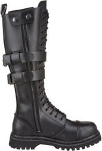 Load image into Gallery viewer, inner side view of Real black leather, 1 1/4" heel knee-high steel toe boot with full inside zipper.