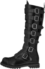 Load image into Gallery viewer, outer side view Real black leather 1 1/2'' heel, 30 eyelet, knee high boot with steel toe, 7 metal plate straps on front and full inner side zipper.