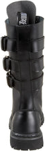 Load image into Gallery viewer, back side view of Real black leather full front lace-up, no zipper mid-calf boot features 3 adjustable straps over top of laces