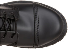 Load image into Gallery viewer, upper top view of Real black leather, 1 1/4" heel knee-high steel toe boot with full inside zipper.