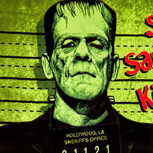 Load image into Gallery viewer, Micro plush fleece throw blanket features the iconic Frankenstein in a mug shot with green background; mirror image on back. Durable stitched-finished edge.