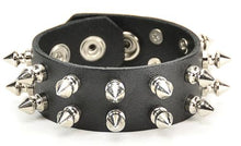 Load image into Gallery viewer, black leather bracelet with two rows of half inch silver spike studs