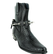 Load image into Gallery viewer, black leather bootstrap with multiple 1" silver spikes and silver hanging chain