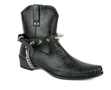 Load image into Gallery viewer, black leather bootstrap with multiple 1" silver spikes and silver hanging chain