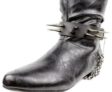 Load image into Gallery viewer, black boot displaying black boot strap  that has two rows of multiple silver sharp pointy spike studs and hanging silver chain