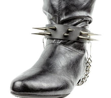 Load image into Gallery viewer, black boot displaying black boot strap  that has two rows of multiple silver sharp pointy spike studs and hanging silver chain