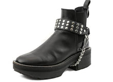 Load image into Gallery viewer, black ankle boot displaying black boot strap with three rows of multiple silver riveted studs and hanging silver chain underneath