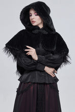 Load image into Gallery viewer, model showing front of cloak with hood up