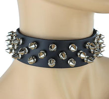 Load image into Gallery viewer, Black leather collar with three rows of silver 1/2" tree spikes.
