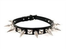 Load image into Gallery viewer, black leather collar with single row of silver spikes and silver pyramid studs