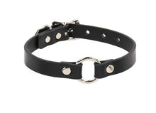Load image into Gallery viewer, mannequin displaying black leather collar with single one inch o ring in front center. shows adjustable buckle closure