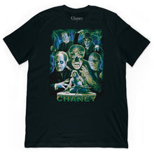 Load image into Gallery viewer, Black t-shirt with Lon Chaney collage, featuring a picture of Frankenstein's monster, The Phantom of the Opera, Wolfman, The Mummy, The Hunchback of Notre Dame and The Man in the Beaver Hat.