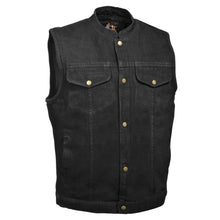 Load image into Gallery viewer, front view of Men's black snap front vest with open collar. Vest has two breast pockets and a hand pocket on each side