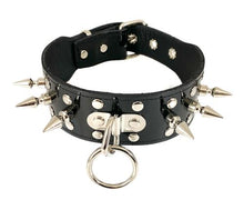 Load image into Gallery viewer, Black patent leather shiny collar with silver spikes, silver rivet studs, and 1" silver O ring hanging from a silver D ring in front center.