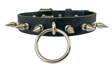 Load image into Gallery viewer, Black leather collar with 1" silver spikes and 2" O ring hanging from the center.