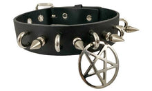 Load image into Gallery viewer, Black leather collar with 1" silver spikes, silver U ring detail, and 2" silver inverted pentagram hanging from front center.