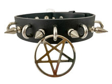 Load image into Gallery viewer, Black leather collar with 1" silver spikes, silver U ring detail, and 2" silver inverted pentagram hanging from front center.