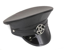 Load image into Gallery viewer, Matte vegan leather top and patent shiny vegan leather bill captain style hat. Hat has inverted silver pentagram on front center.