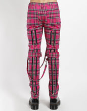 Load image into Gallery viewer, back of Pants feature removable bondage straps and zipper details. Pant legs can be zipped for a change in fit, topped off with a zip fly and button closure.