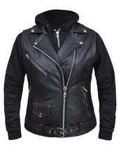 Load image into Gallery viewer, front view of Black real lambskin leather motorcycle style basic motorcycle vest with black zip-up hoodie underneath. Hoodie is removable. Jacket has three outer pockets, and two inside pockets.