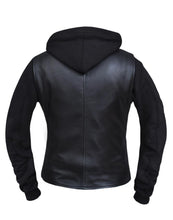 Load image into Gallery viewer, back view of Black real lambskin leather motorcycle style basic motorcycle vest with black zip-up hoodie underneath. Hoodie is removable. Jacket has three outer pockets, and two inside pockets.