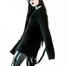 Load image into Gallery viewer, front side view of unisex Black semi sheer knit fabric with stretch fit. Sweater has removable back straps with D-ring details.