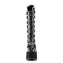 Load image into Gallery viewer, front view of black vinyl 5 1/2" wedge platform Goth punk gogo knee high boot Adjustable straps from top to bottom of boot, with metal plates up the front with full back zipper