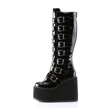 Load image into Gallery viewer, inner side view of black vinyl 5 1/2" wedge platform Goth punk gogo knee high boot Adjustable straps from top to bottom of boot, with metal plates up the front with full back zipper